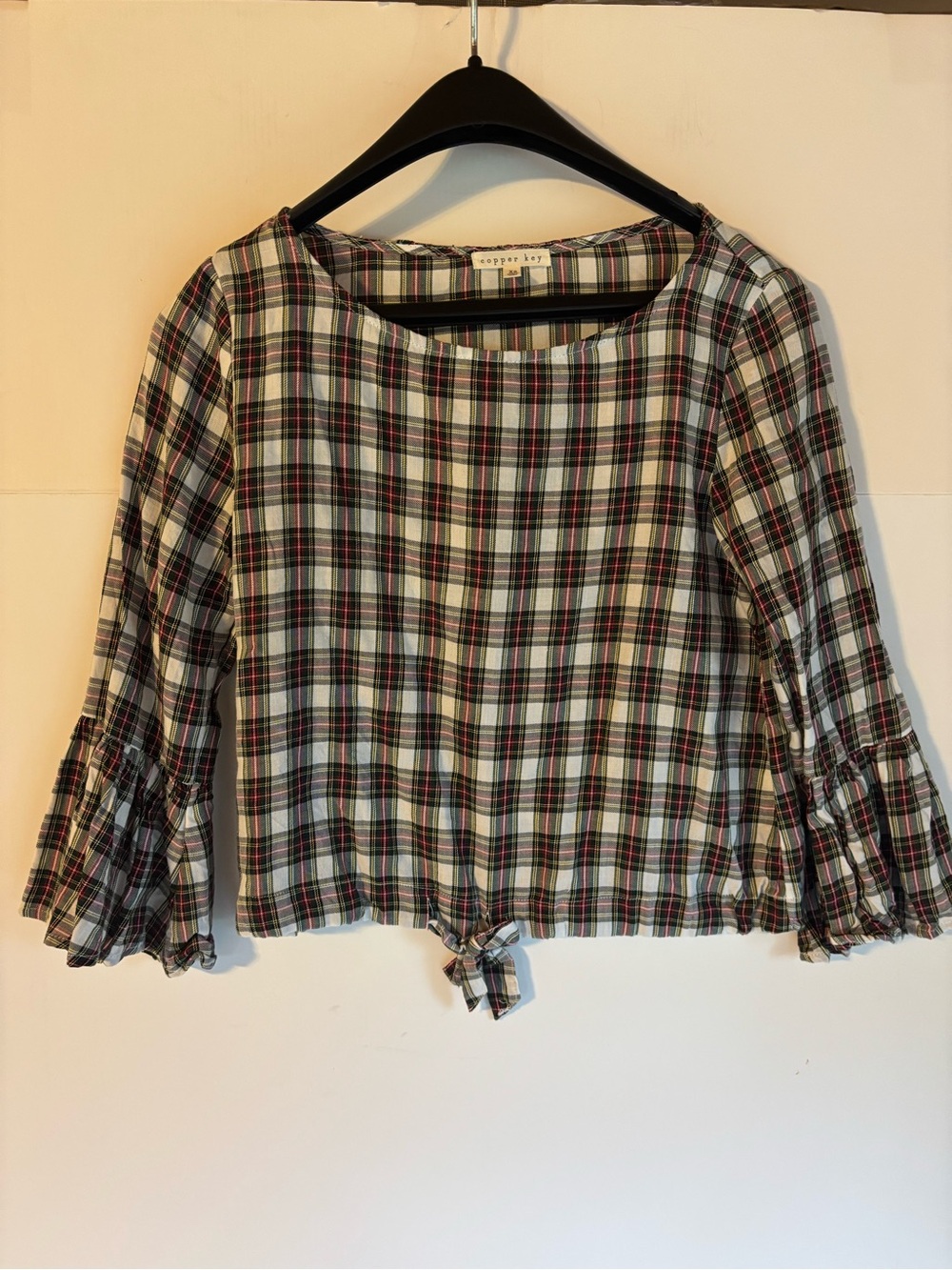Copper Key Juniors XS Plaid Woven Cotton Square Neck 3/4 Ruffle Cropped Blouse